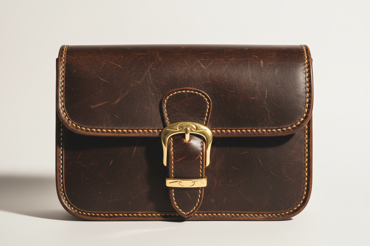 Soft Vintage Shoulder Bag in Espresso Brown, gold buckle and leather close-up