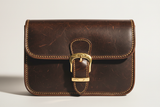 Soft Vintage Shoulder Bag in Espresso Brown, gold buckle and leather close-up