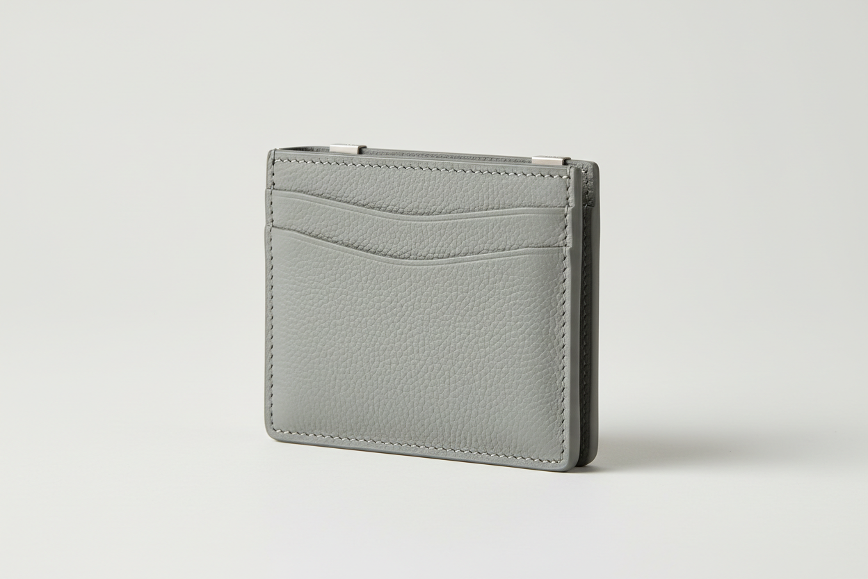 Luxury Essential Card Holder in Frozen Atlantic Grey, side angle view