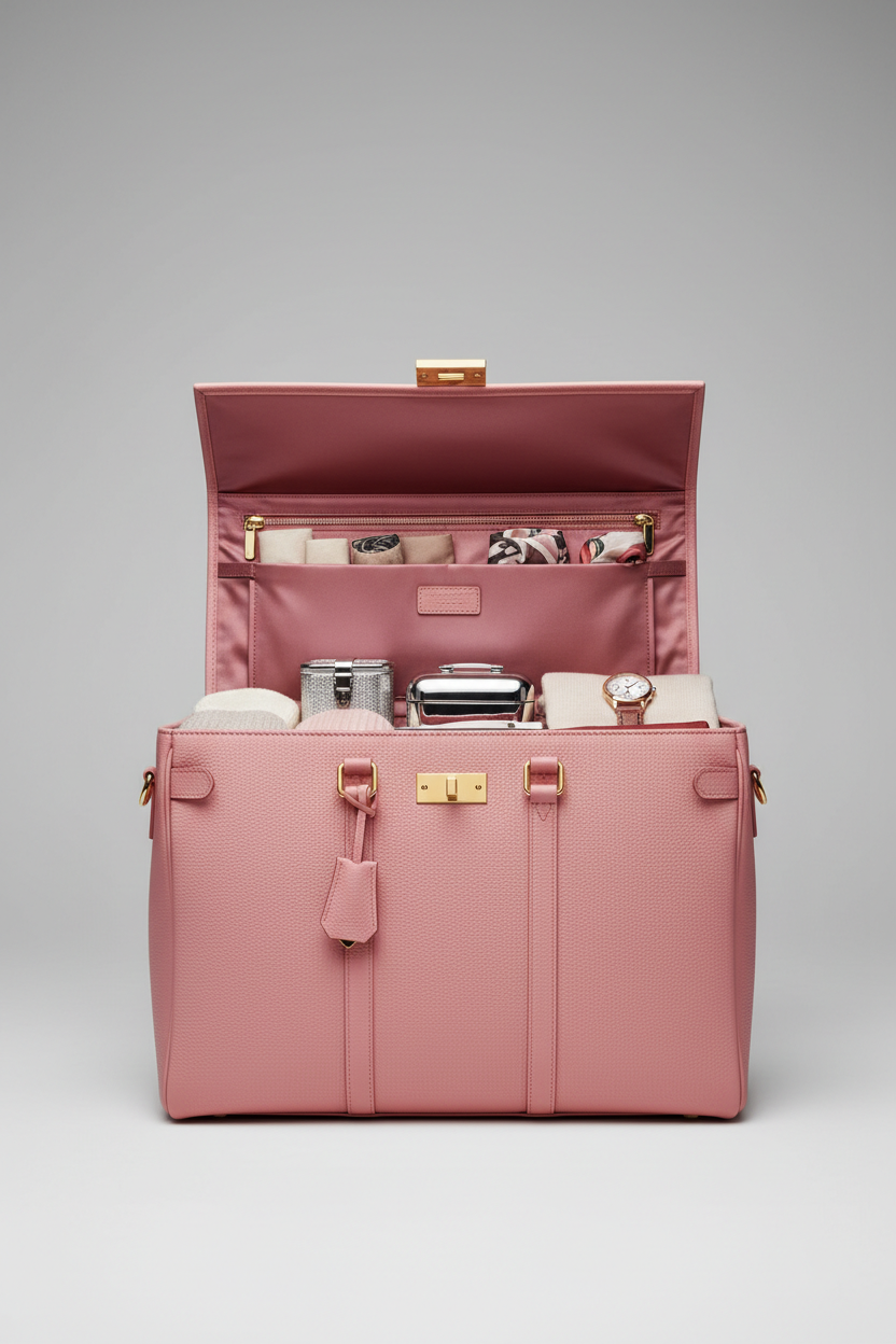 Urban Voyage Weekender in Pink Structured Executive Leather — open compartment