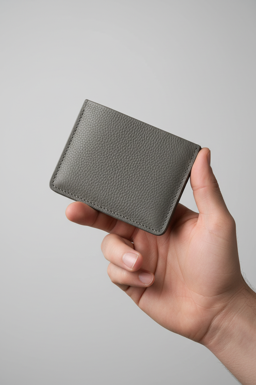 Hand holding Minimal Card Wallet in Gray