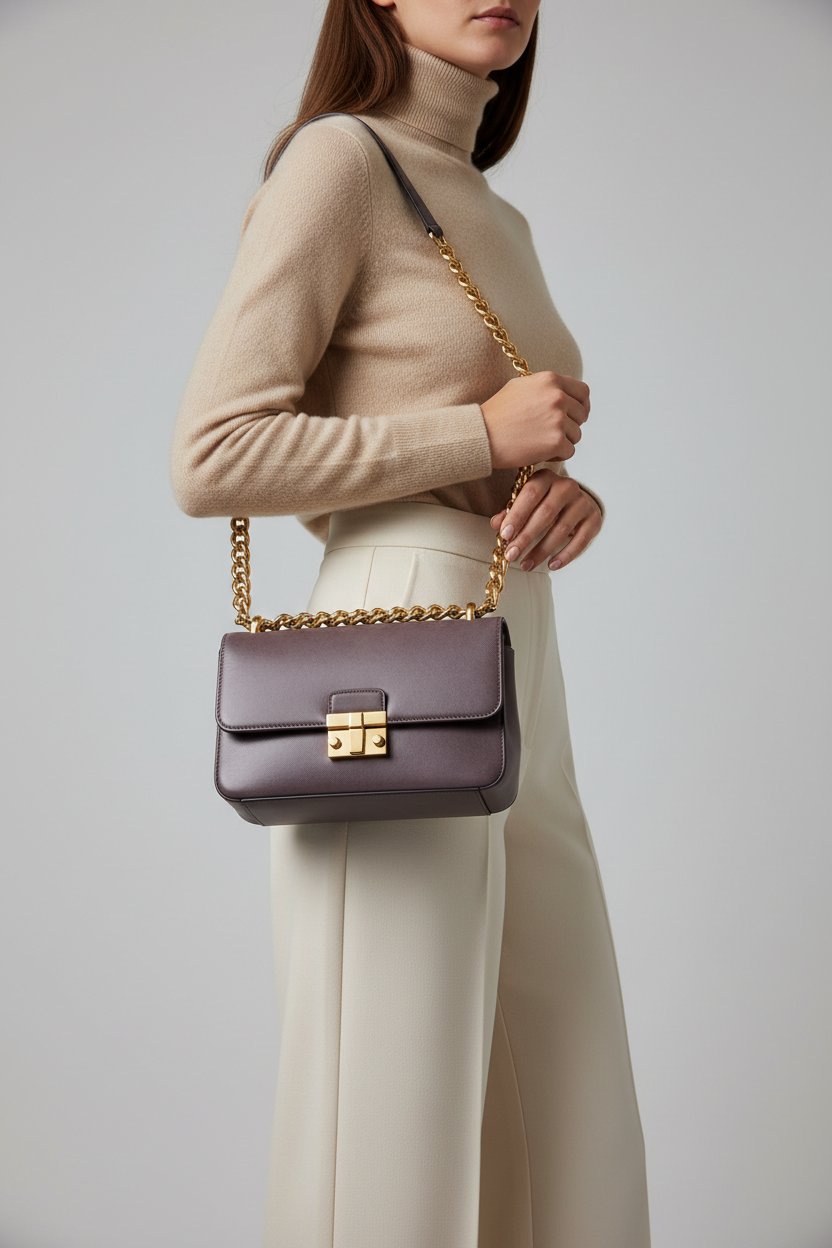 Female model carrying Elegant Chain Shoulder Bag in Smoky Plum