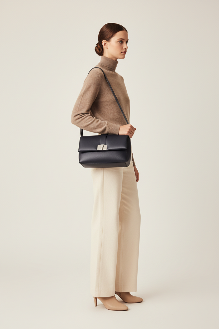 Female model carrying Sculpted Designer Shoulder Bag in Midnight Navy