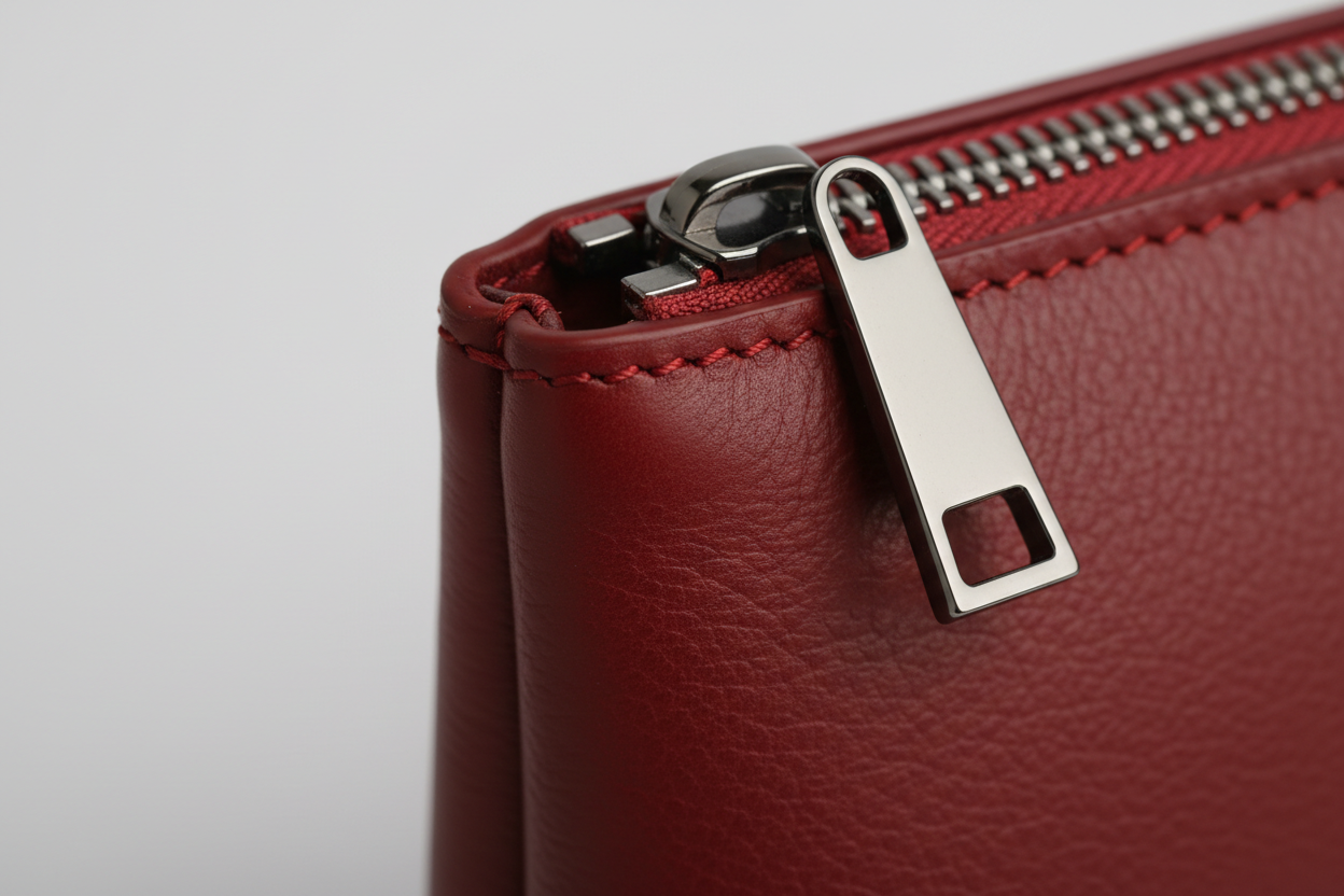 Premium Leather Utility Pouch in Red, matte calfskin leather macro close-up