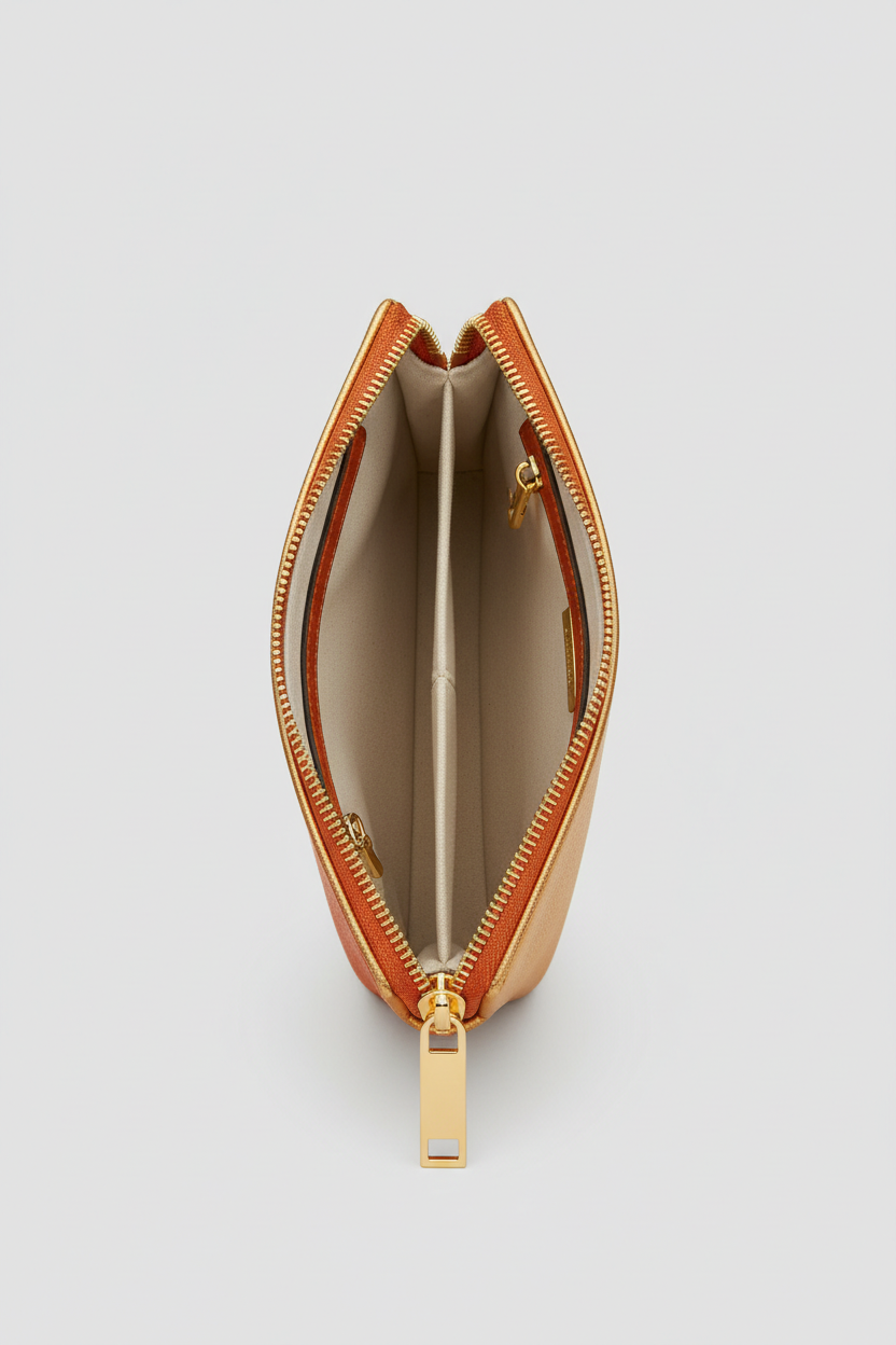 Minimal Luxe Pouch in Orange and Gold, portrait open zipper compartment view