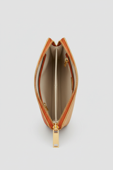 Minimal Luxe Pouch in Orange and Gold, portrait open zipper compartment view