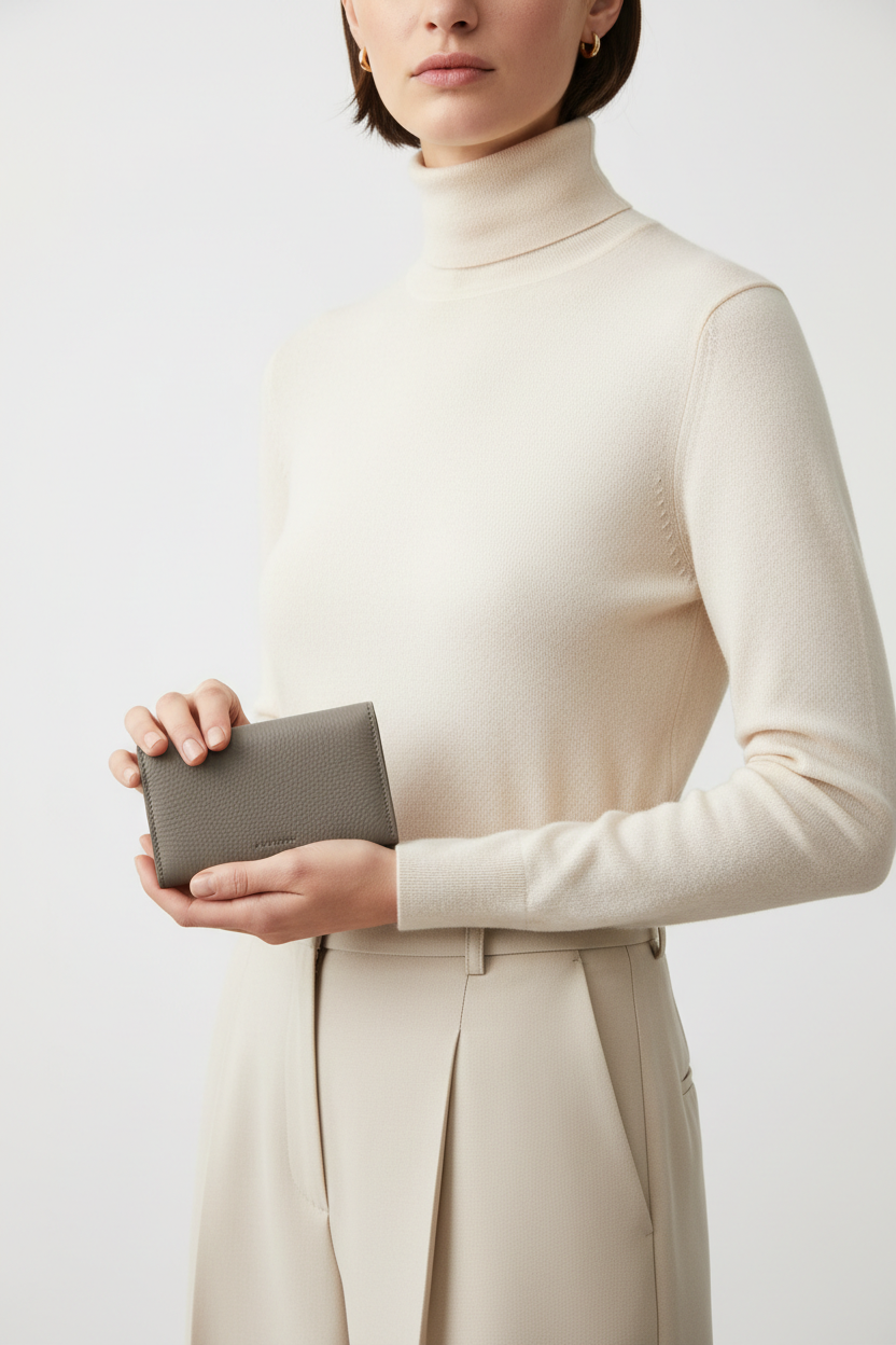Female model holding Luxury Essential Card Holder in Frozen Atlantic Grey