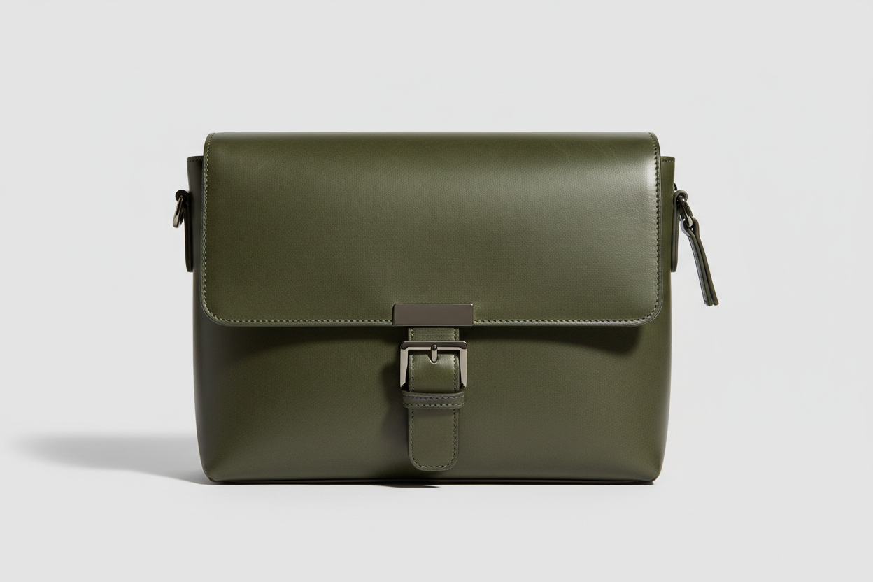 Modern Laptop Messenger Bag in Carbon Moss Green – Front View