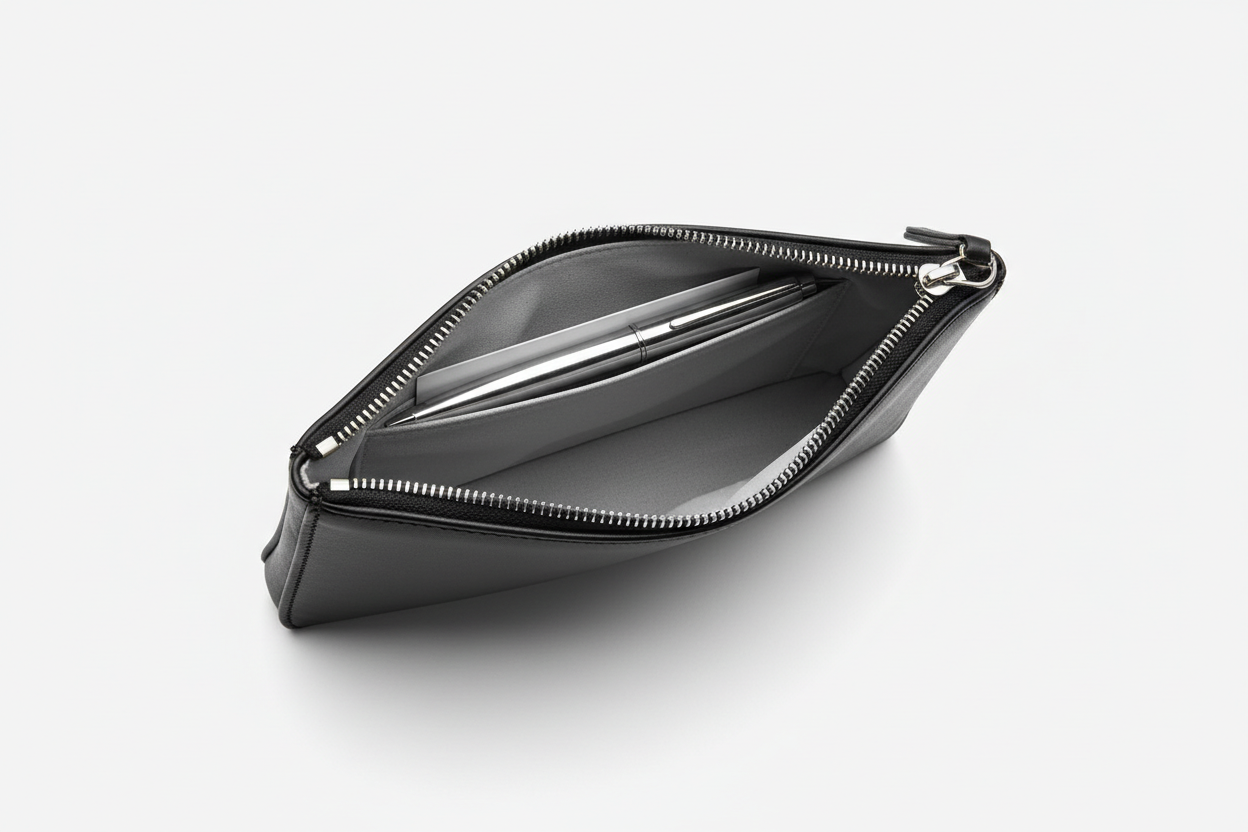 Minimal Luxury Pouch in Black, open zipper compartment view