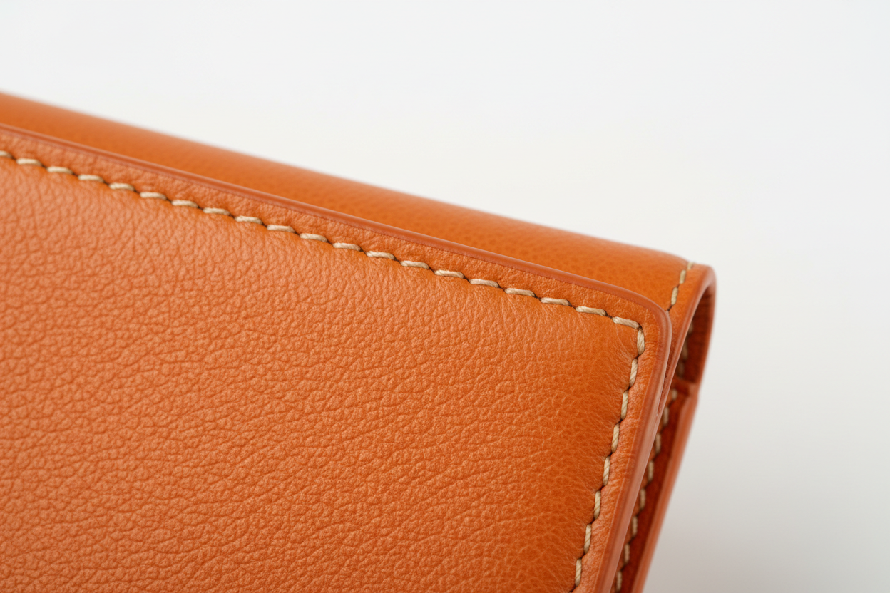 Luxury Long Wallet in Orange, fine structured leather macro close-up