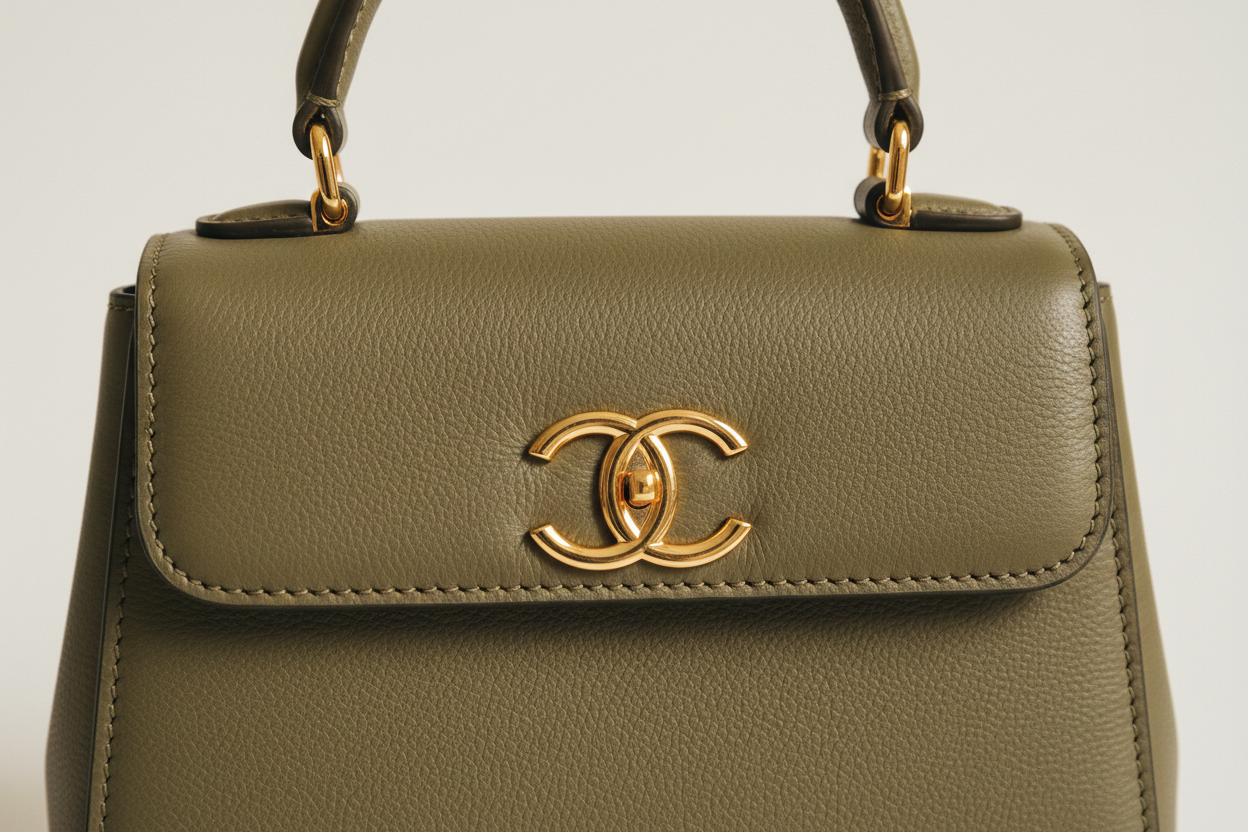 Mini Luxe Top-Handle Bag in Dusty Olive, gold hardware and leather close-up