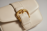 Soft Vintage Shoulder Bag in Cream Ivory, gold buckle and leather close-up