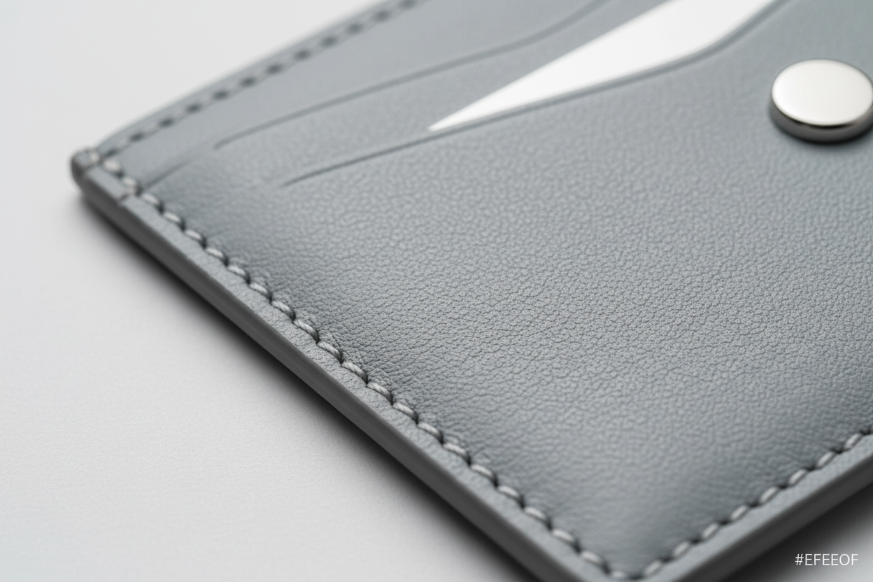 Luxury Essential Card Holder in Frozen Atlantic Grey, matte leather and hardware close-up