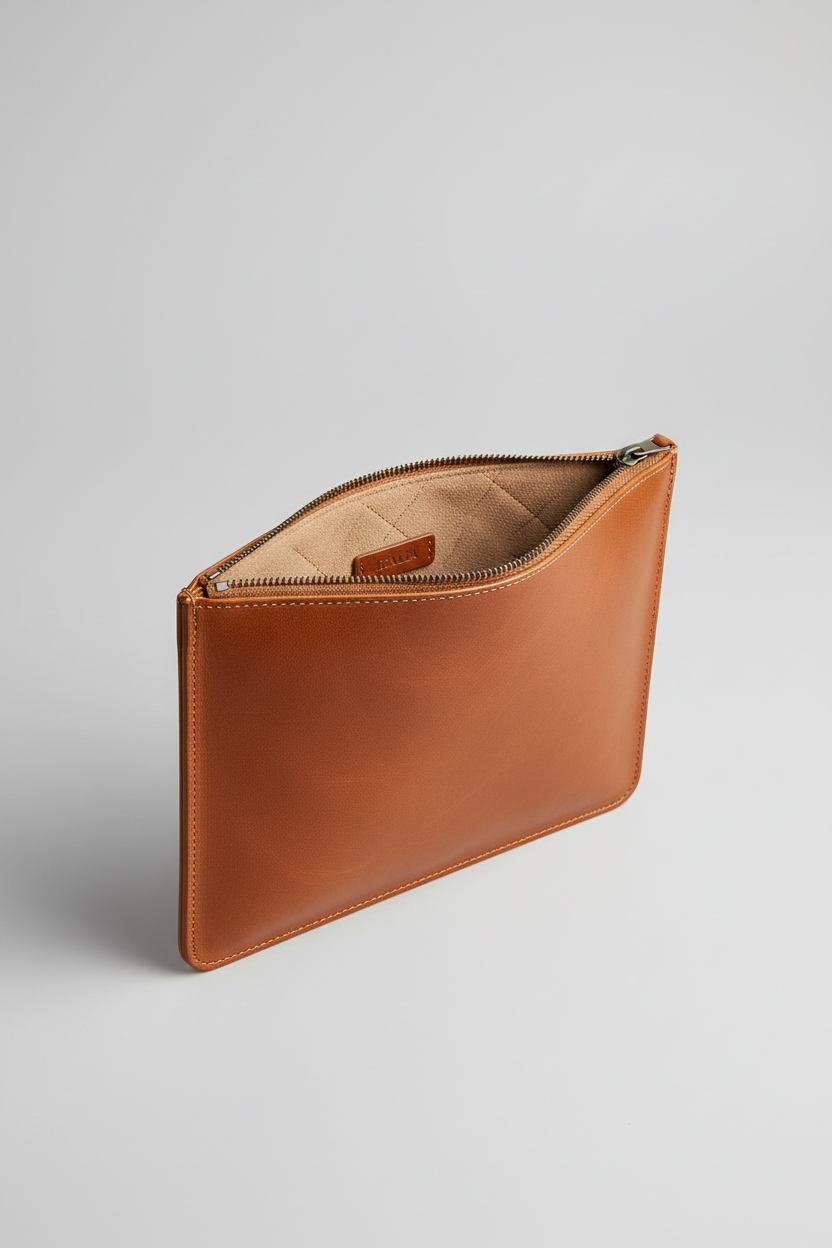 Contemporary Tech Sleeve Pochette in Camel Dune Tan Italian Saddle Leather – Interior View