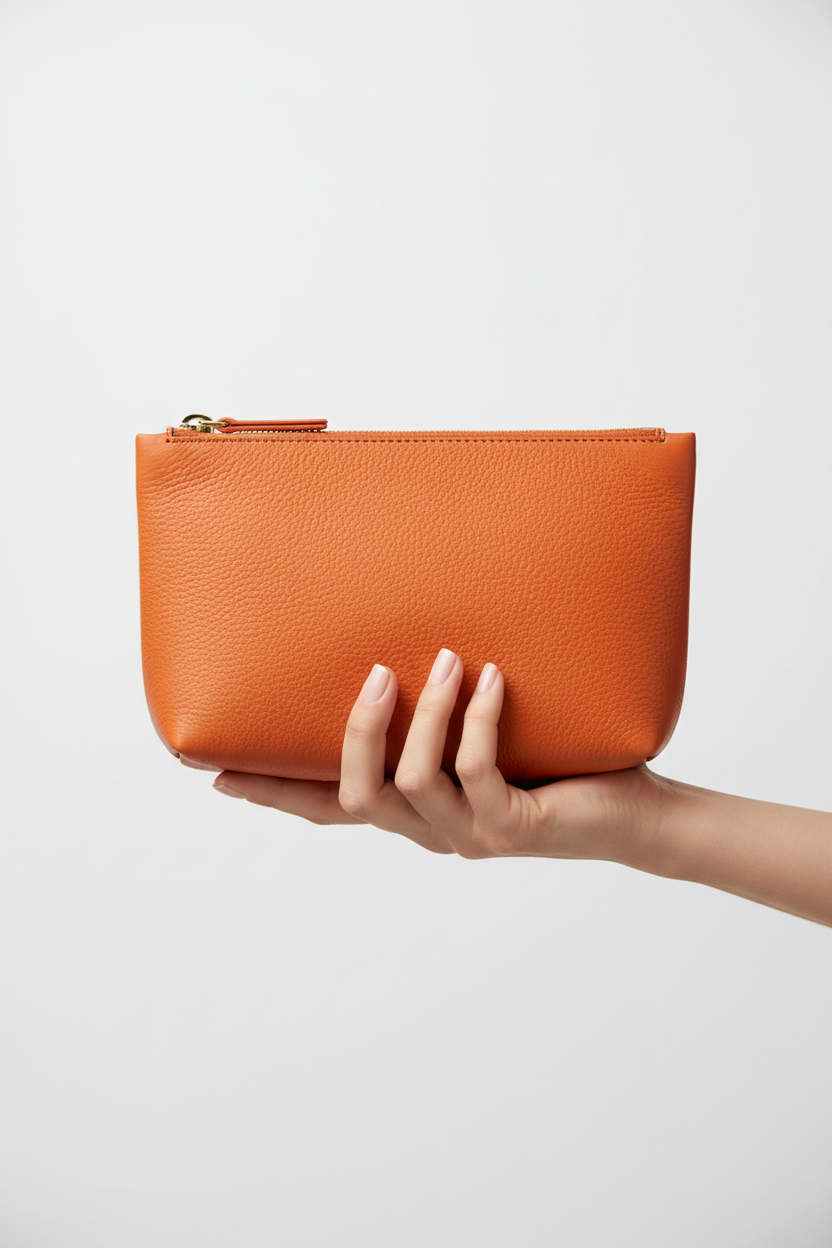 Hand holding Minimal Luxe Pouch in Orange and Gold, portrait view