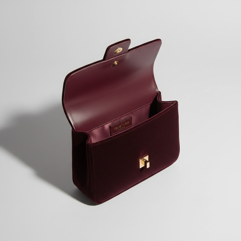 Contemporary Mini Flap Bag in Velvet Noir Burgundy – Interior View