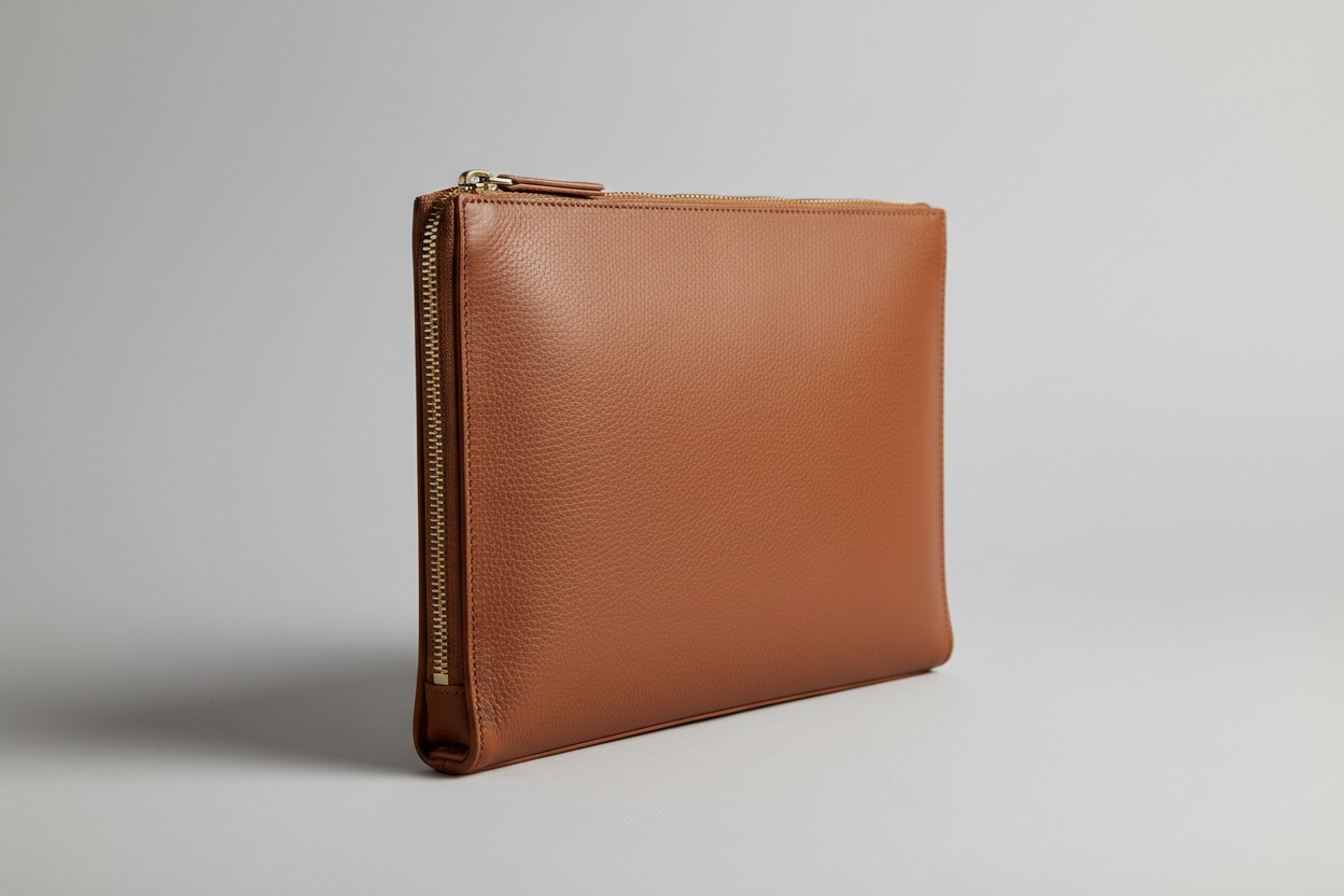 Premium Zip Work Portfolio in Mocha Dust Brown Natural Grain Leather – Side Angle