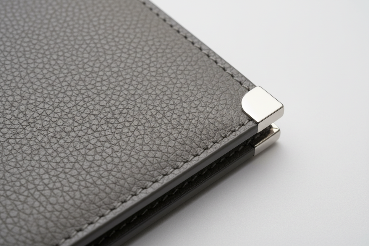 Urban Everyday Wallet in Gray and Silver, structured leather and hardware close-up