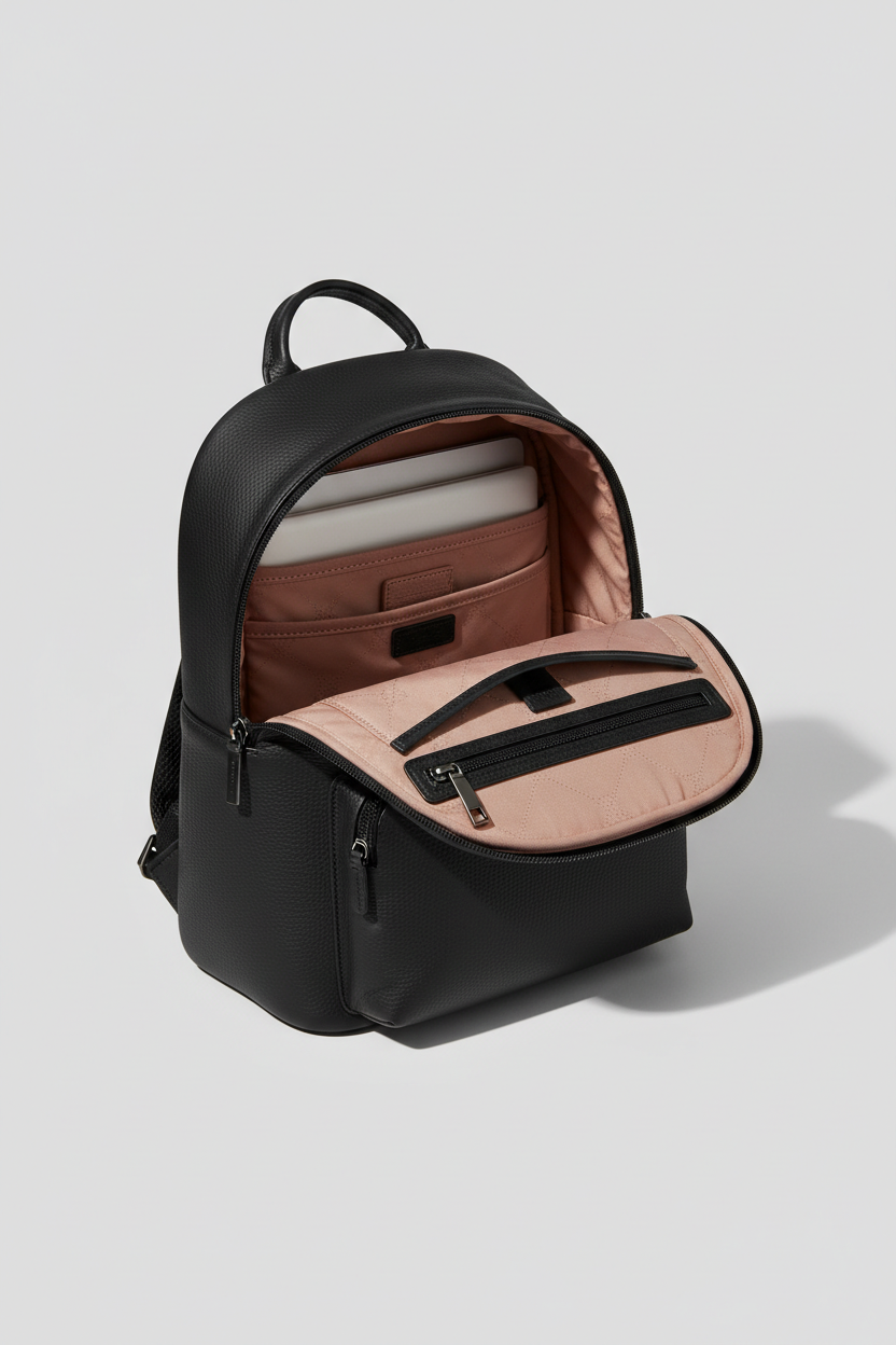 Urban Luxe Women's Backpack in Midnight Rose Black Soft Luxe Leather – Interior View