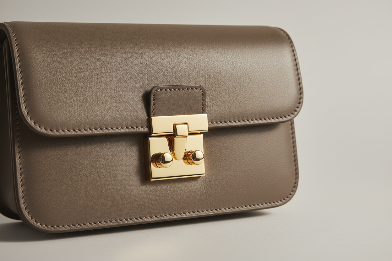 Contemporary Flap Shoulder Bag in Ash Mocha, flap closure and gold hardware close-up