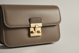 Contemporary Flap Shoulder Bag in Ash Mocha, flap closure and gold hardware close-up