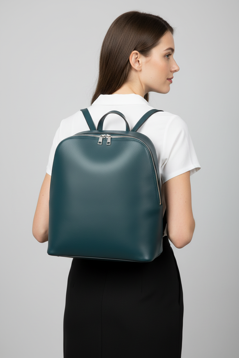 Female model wearing Contemporary City Backpack in Deep Harbor Teal