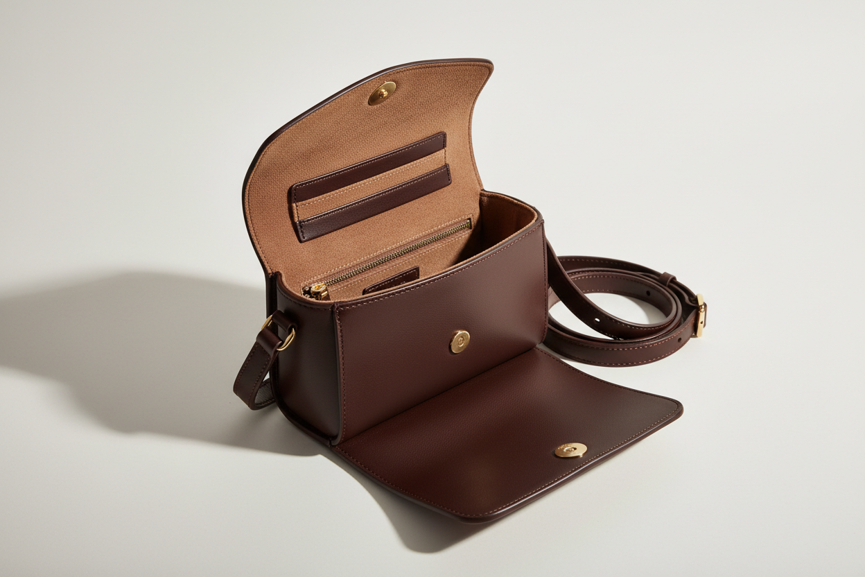 Everyday Mini Crossbody in Deep Cocoa, open interior view