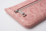 Signature Utility Pouch in Floral and Pink, handcrafted utility leather macro close-up
