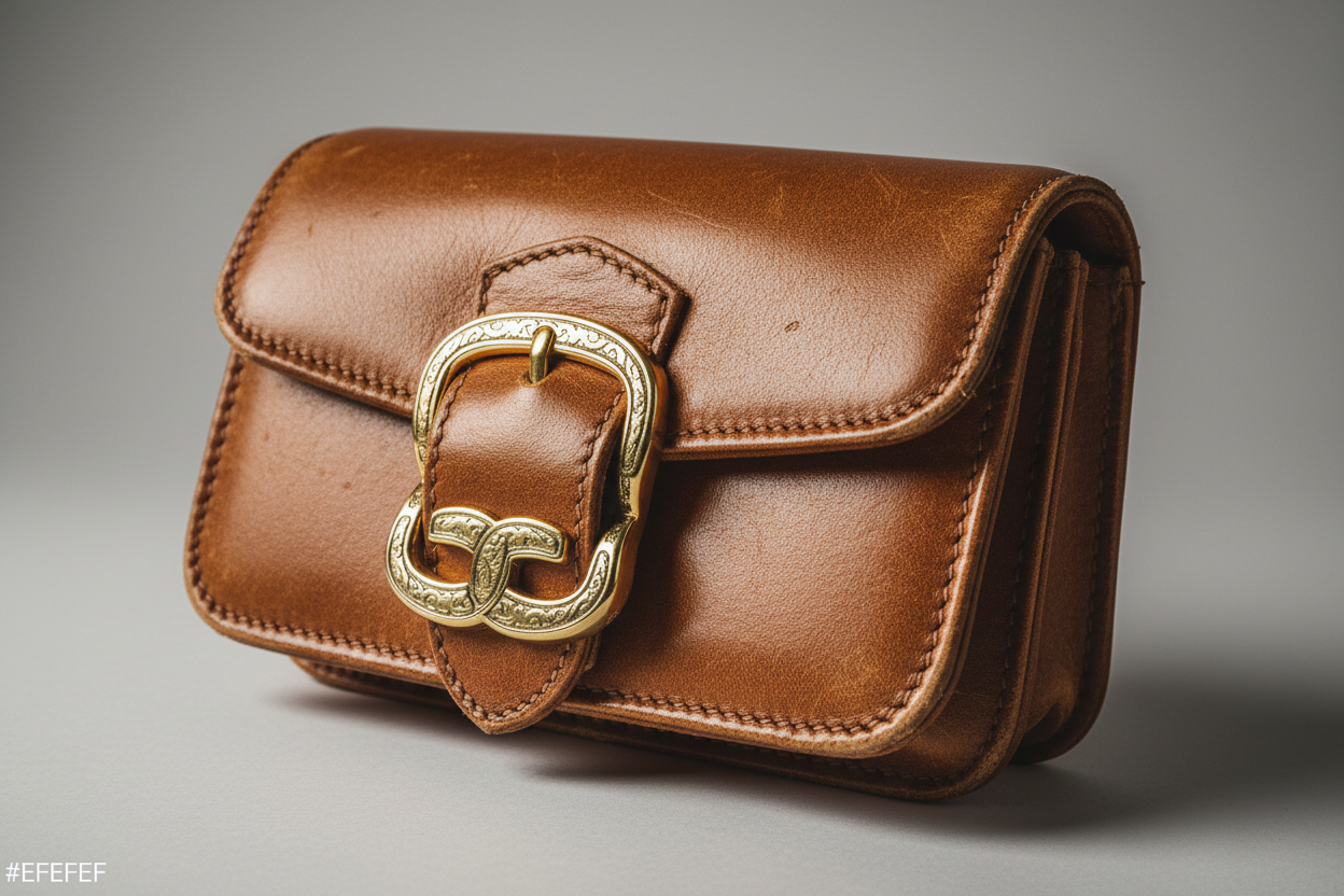 Vintage Mini Flap Bag in Antique Tan, gold buckle and leather close-up