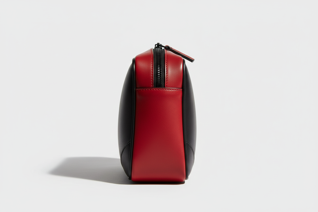 Modern Travel Pouch in Red and Black, side angle view