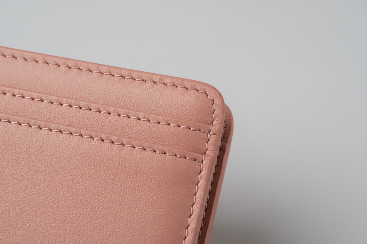 Luxury Long Wallet in Pink, premium soft leather macro close-up