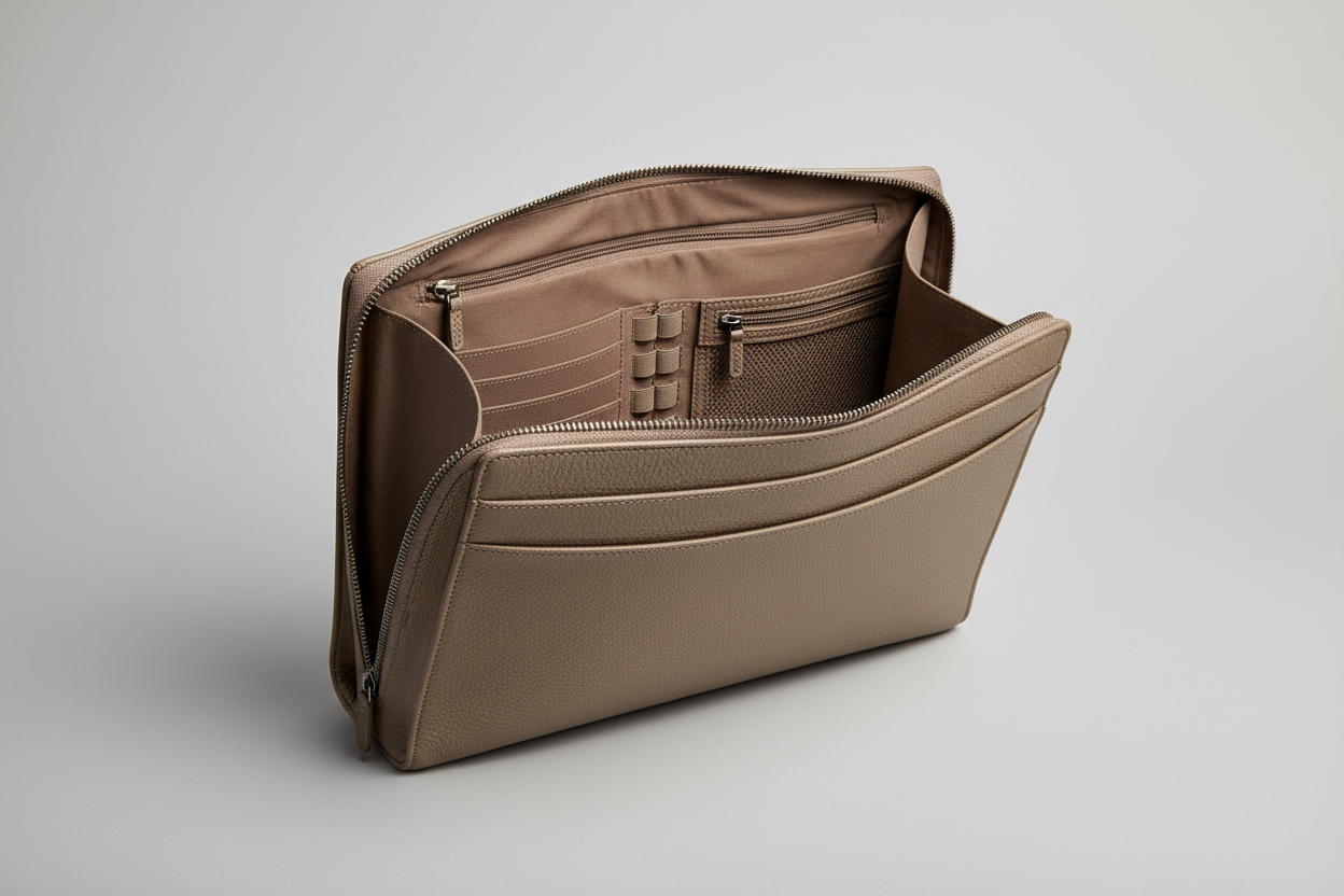 Premium Zip Work Portfolio in Ashwood Silver Taupe Refined Crossgrain Leather – Interior View