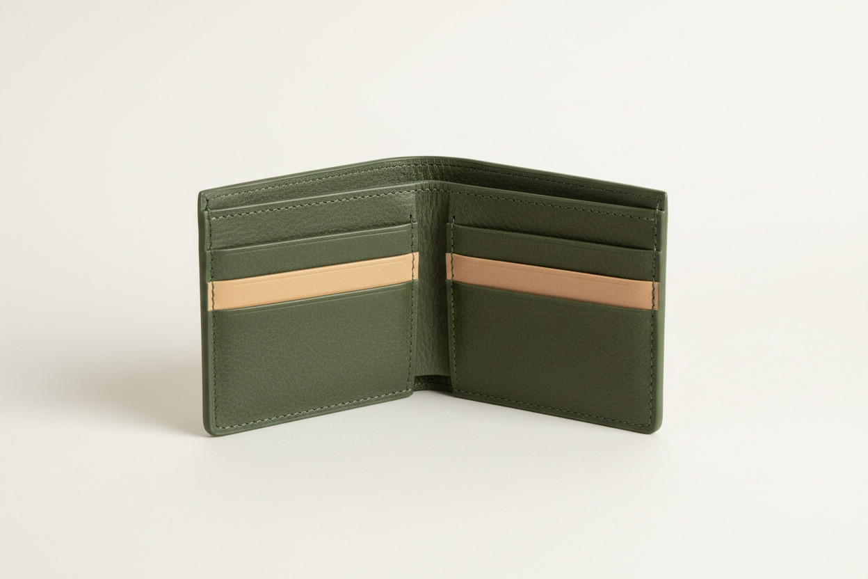 Luxury Essential Card Holder in Evergreen Timber Moss, open interior with card slots