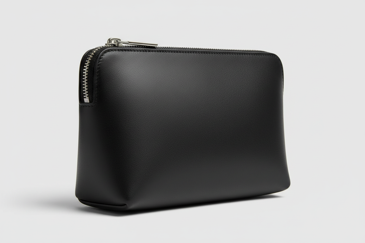 Minimal Luxury Pouch in Black, side angle view