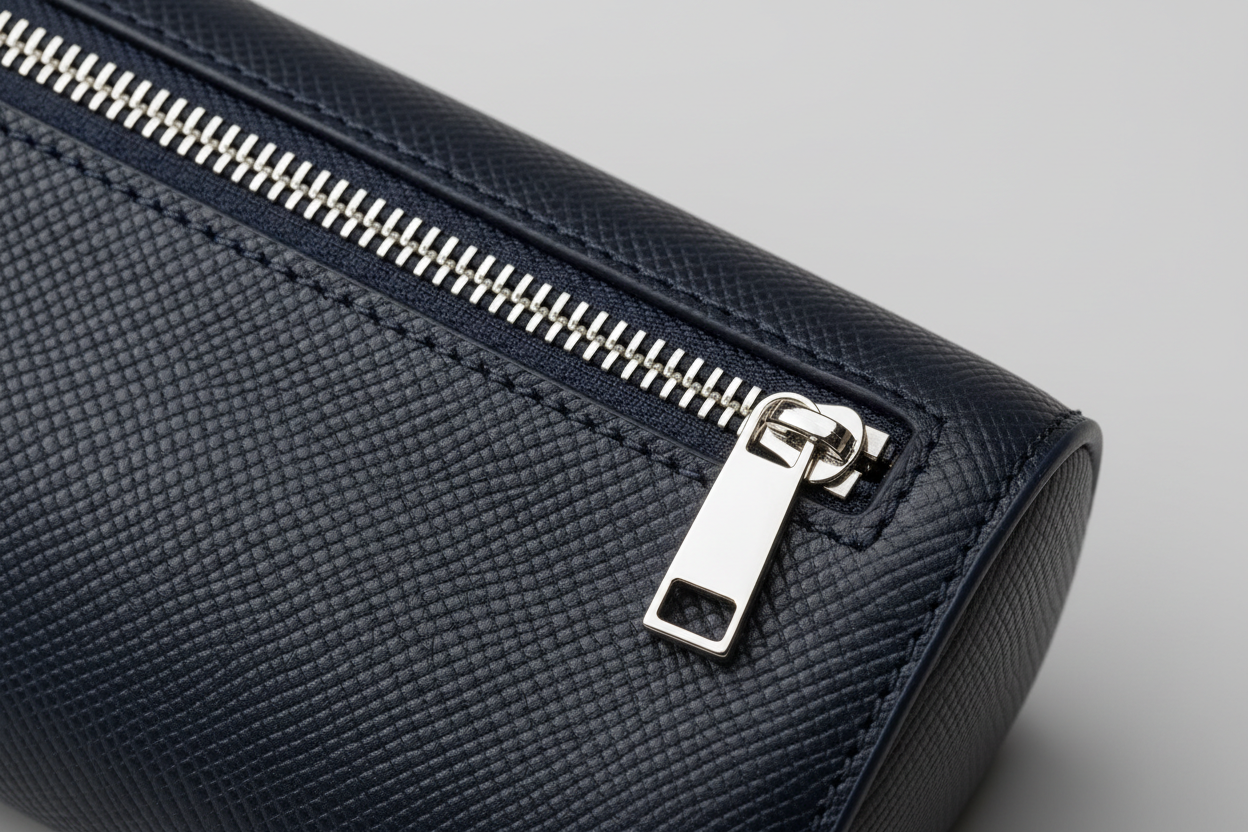 Modern Travel Pouch in Navy and Silver, crossgrain leather and hardware macro close-up