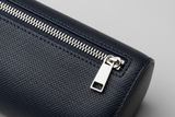 Modern Travel Pouch in Navy and Silver, crossgrain leather and hardware macro close-up