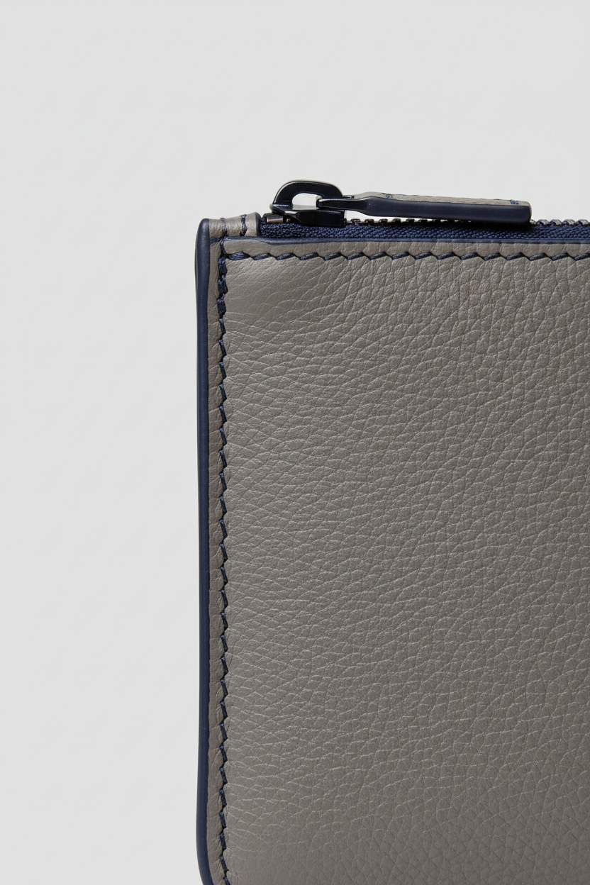 Minimal Luxe Pouch in Gray and Navy, portrait leather and zipper macro close-up