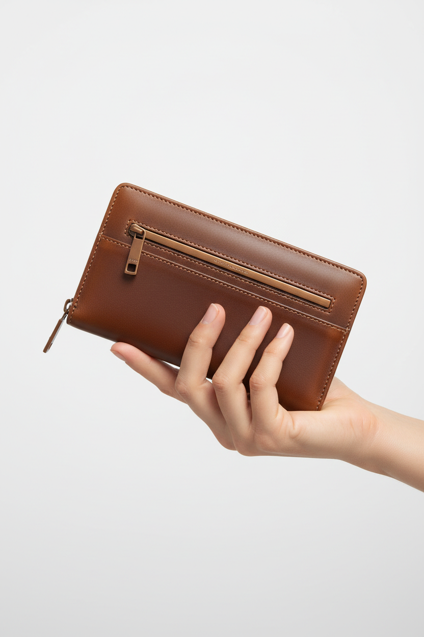 Hand holding Urban Everyday Wallet in Brown and Bronze