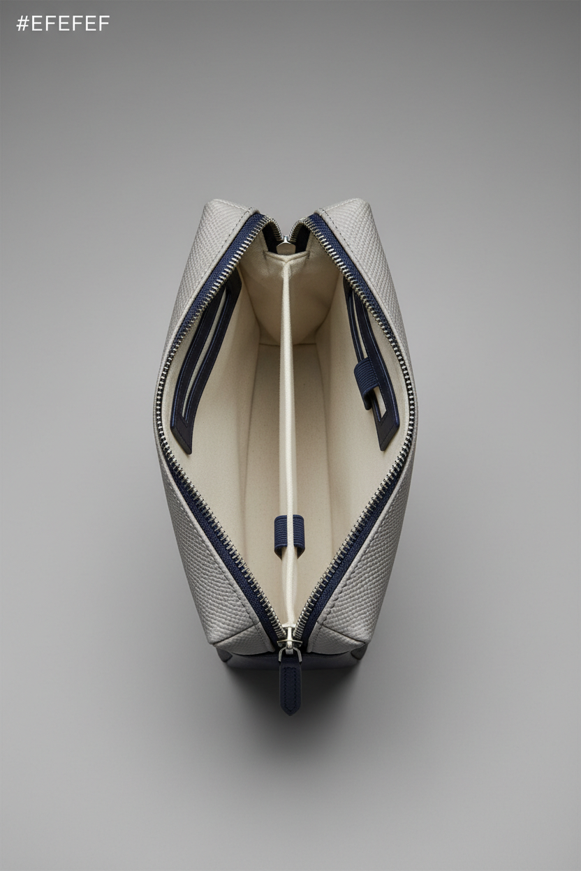 Minimal Luxe Pouch in Gray and Navy, portrait open zipper compartment view
