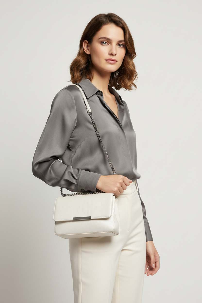 Contemporary Mini Flap Bag in Glacier Pearl White – Female Model