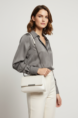 Contemporary Mini Flap Bag in Glacier Pearl White – Female Model