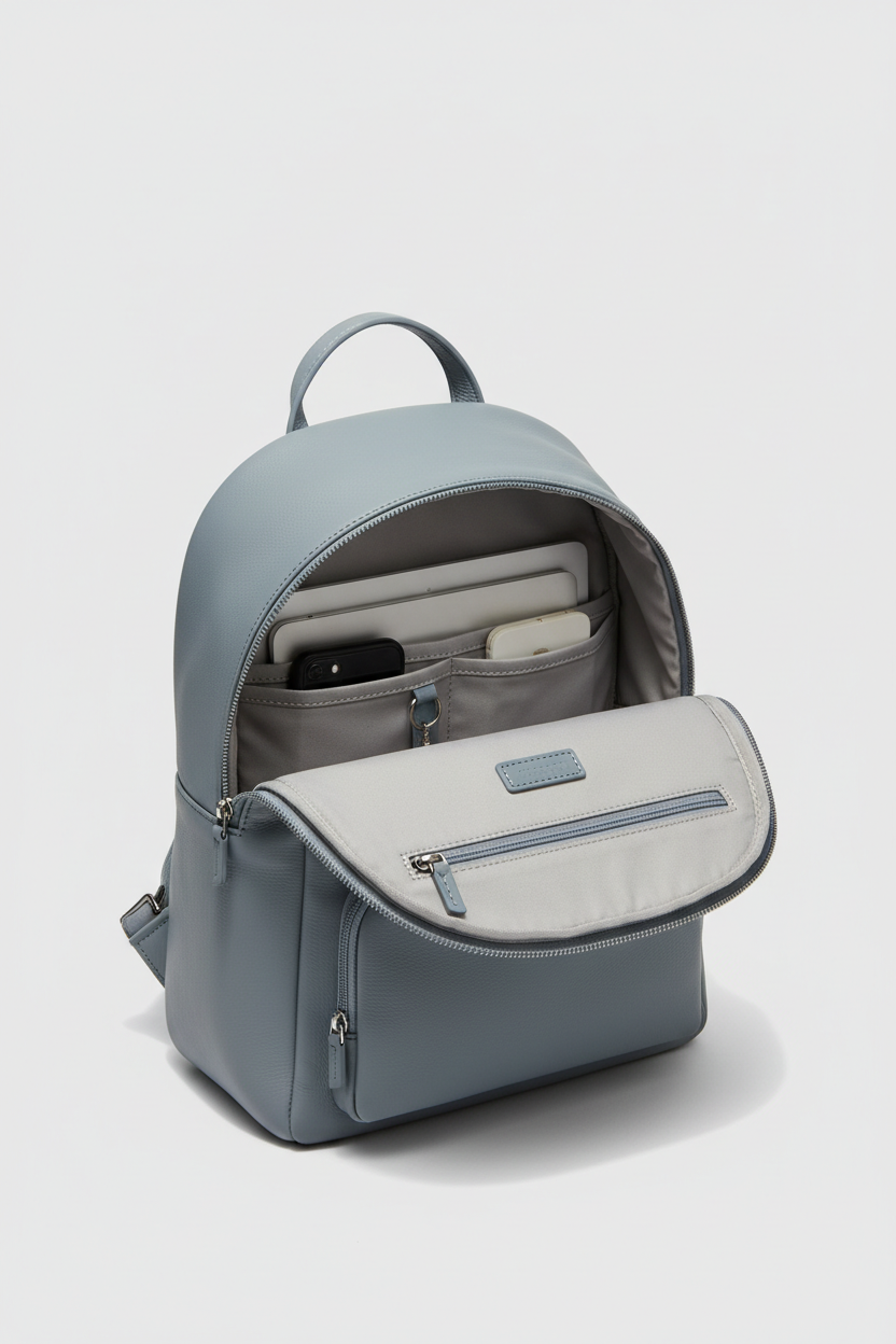 Metropolitan Fashion Backpack in Baltic Mist Blue Soft Touch Leather – Interior View