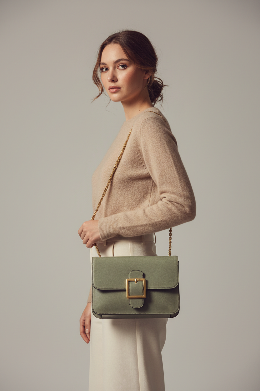 Female model carrying Soft Vintage Shoulder Bag in Sage Mist