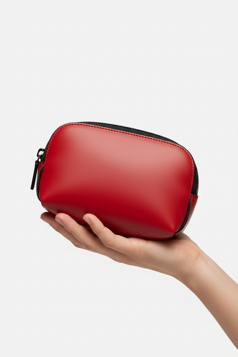 Hand holding Modern Travel Pouch in Red and Black