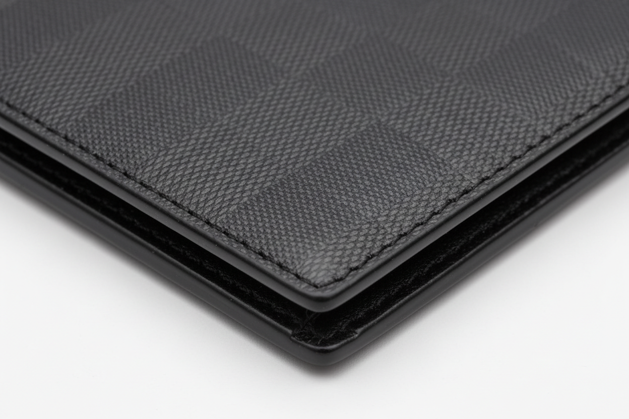 Premium Leather Wallet in Checkered, matte leather macro close-up