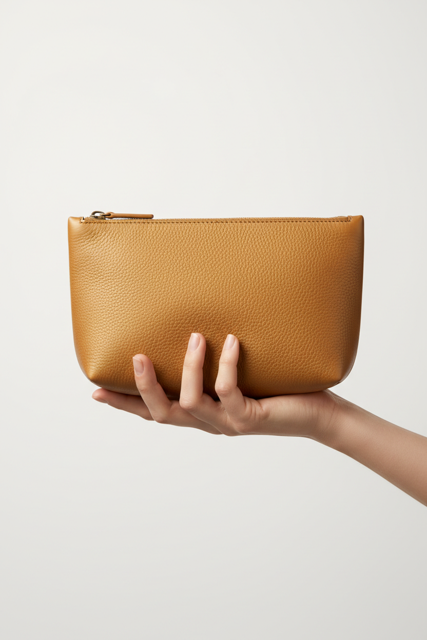 Hand holding Minimal Luxury Pouch in Gold