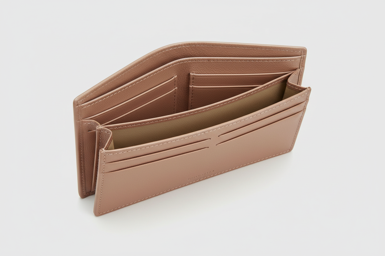 Executive Compact Wallet in Rose Gold, open interior view