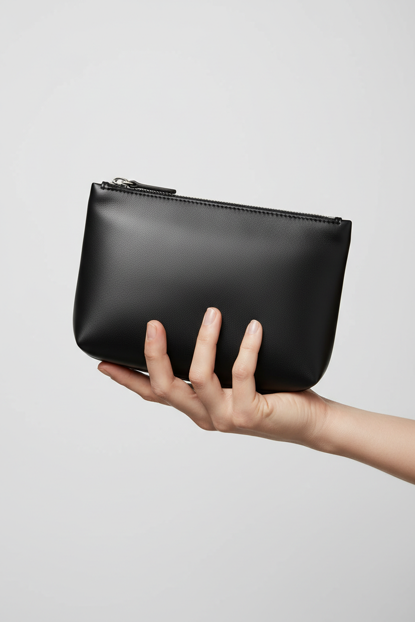 Hand holding Minimal Luxury Pouch in Black