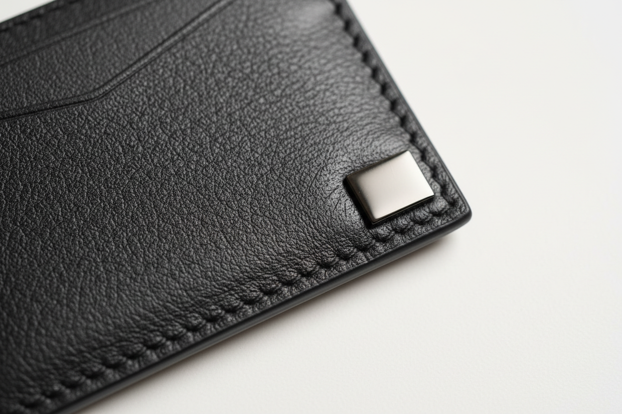 Executive Mini Porte-Cartes in Shadow Alloy Black, leather and hardware close-up