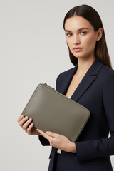 Contemporary Tech Sleeve Pochette in Silver Moss Taupe Premium Structured Leather – Professional Model